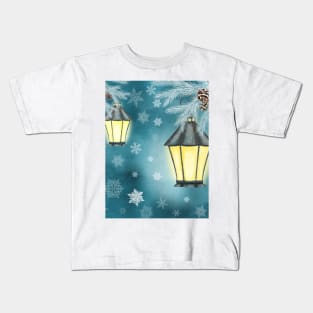 Antique streetlamps watercolor illustration. Winter snowflakes fantasy background. Vintage streetlights. Spruce tree branches Kids T-Shirt